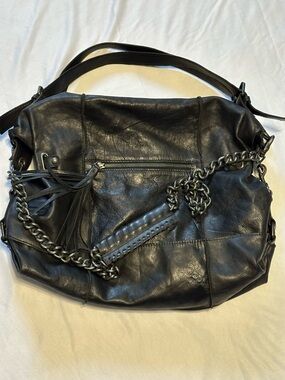 Cut and Paste Black Leather Shoulder Bag with Chain Detail